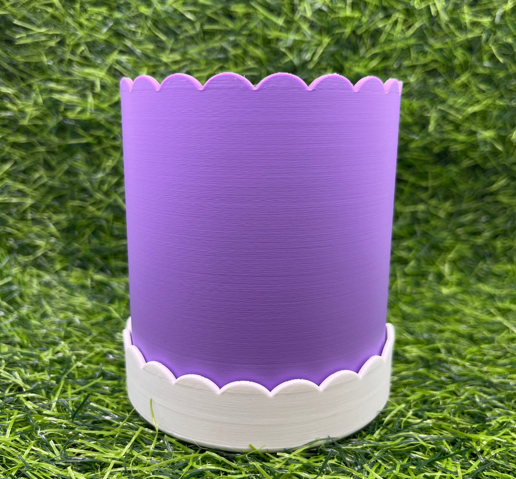 Purple and white plant pot on grass