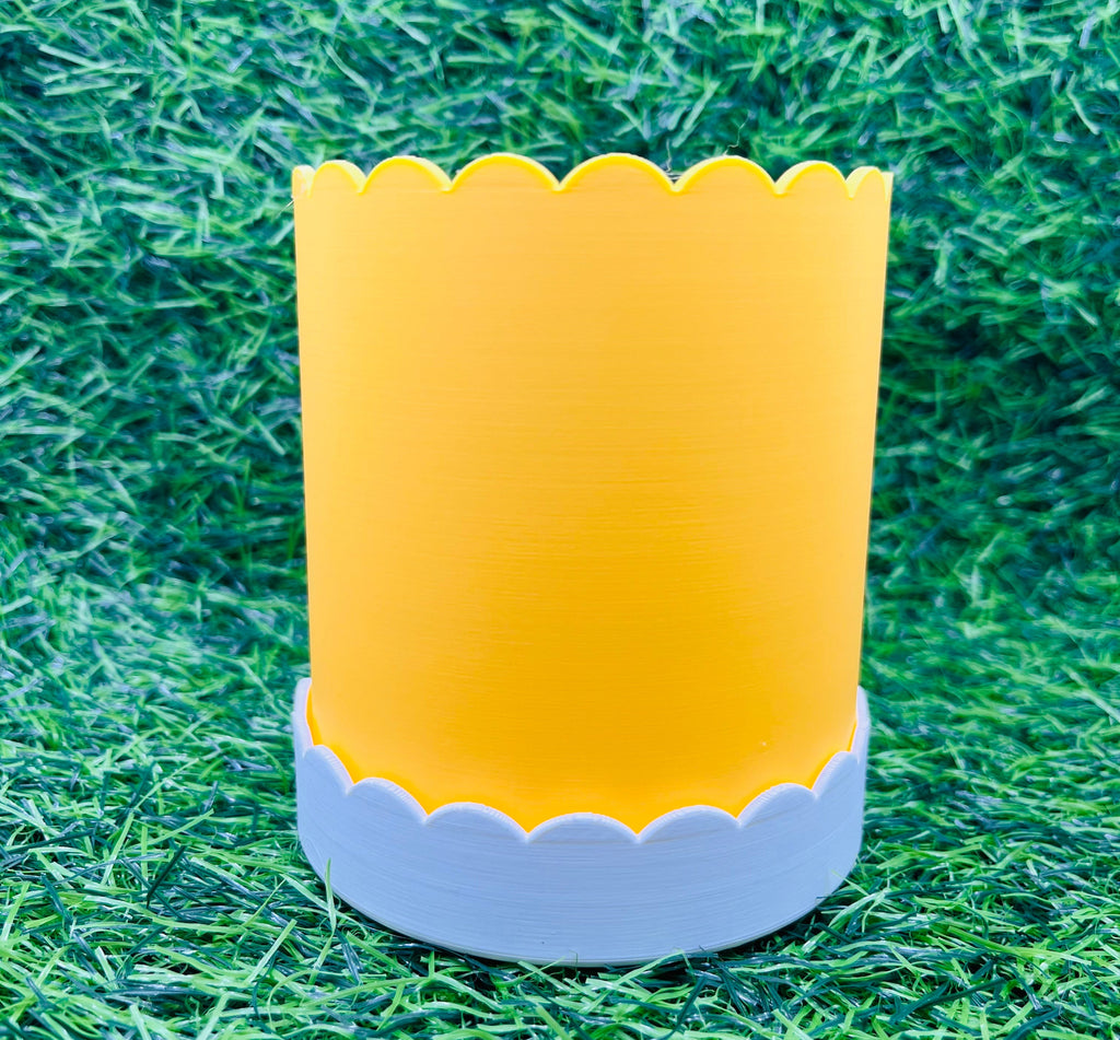 Yellow and white plant pot on grass