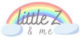 Logo with rainbow, clouds, and 'little z & me' text